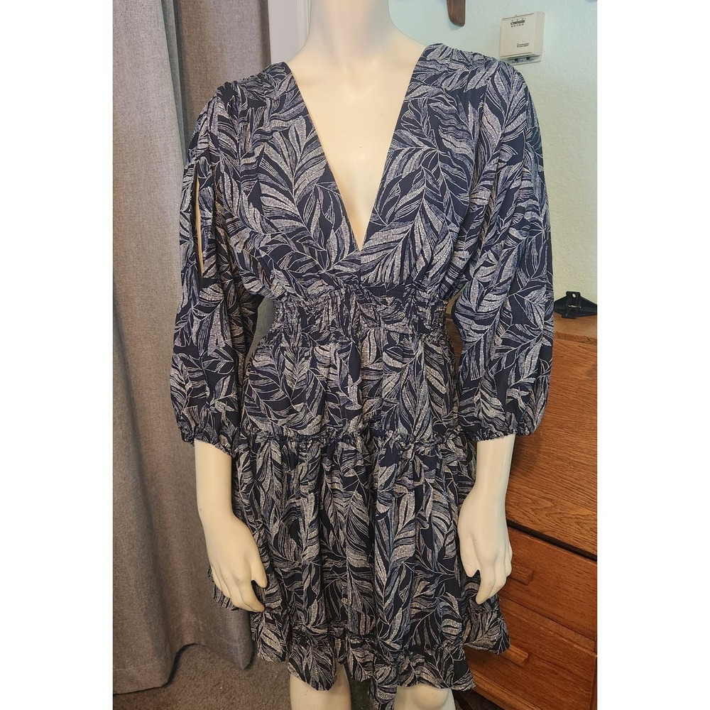 VICI Tiered Ruffle Mini Dress Sz M Deep V Smocked Cutout Sleeve Blue Fairy Whims